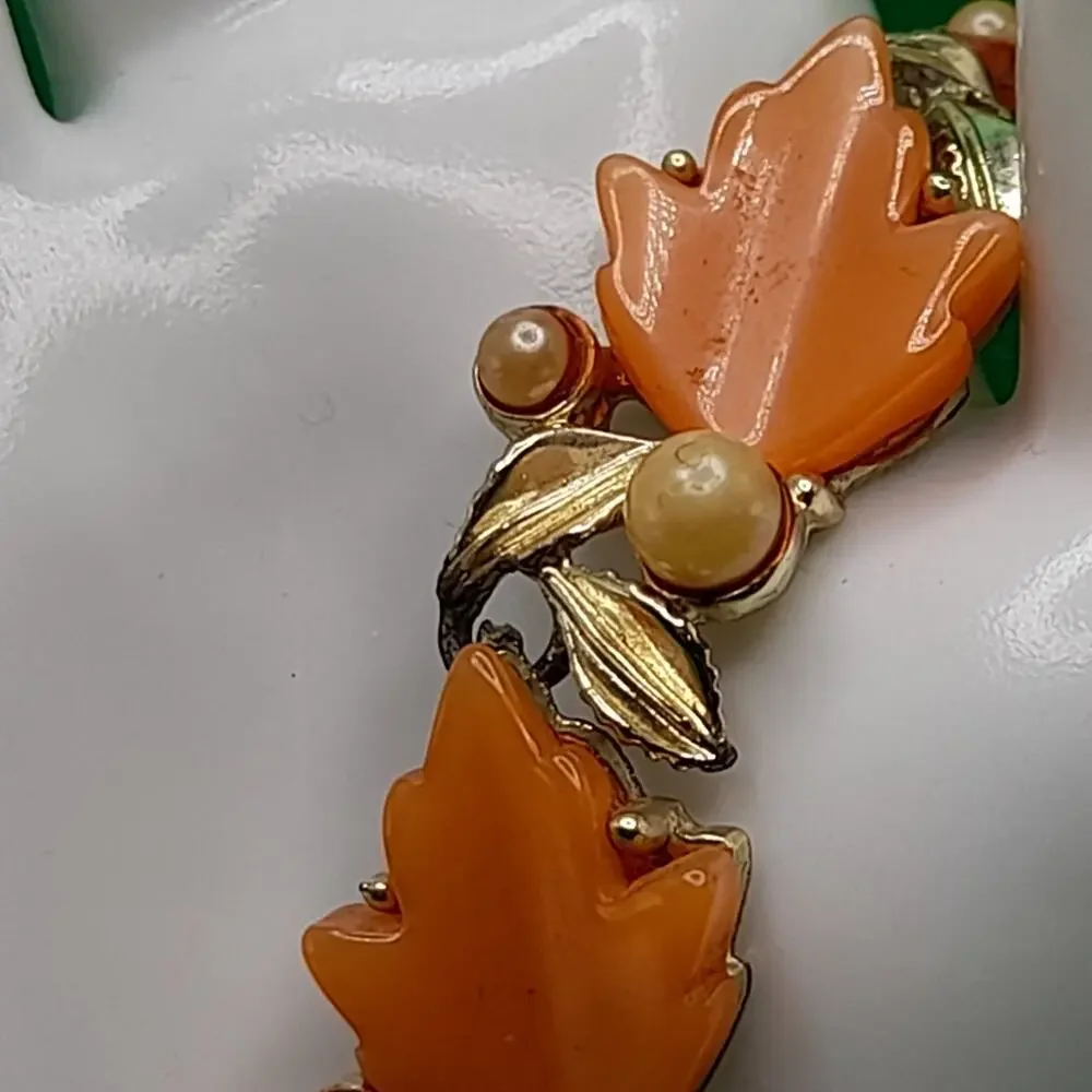 Vintage Orange Moonglow Lucite Leaf Bracelet, Gold Tone, 7 1/4 In, 1950s